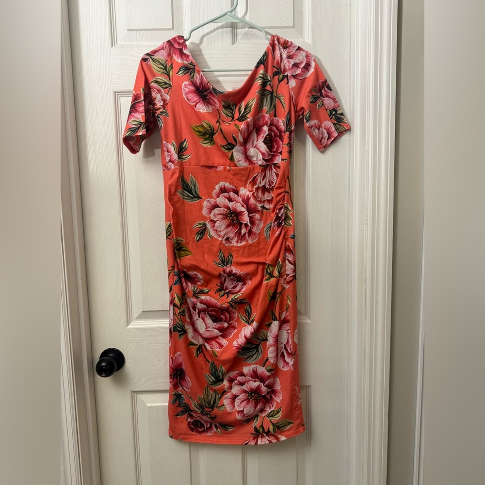 ASOS pink maternity dress with flora design